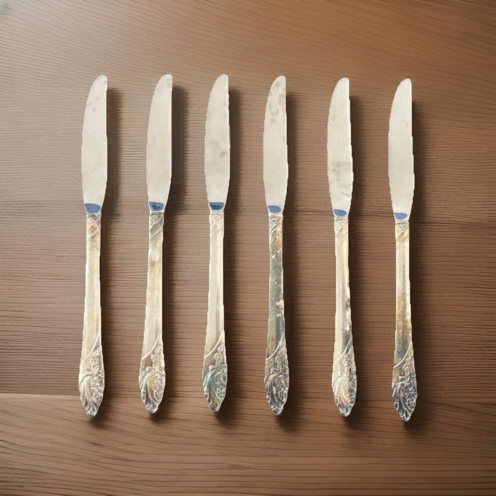 6 Vintage Oneida Community Plate Evening Star Dinner Knives Silverplate